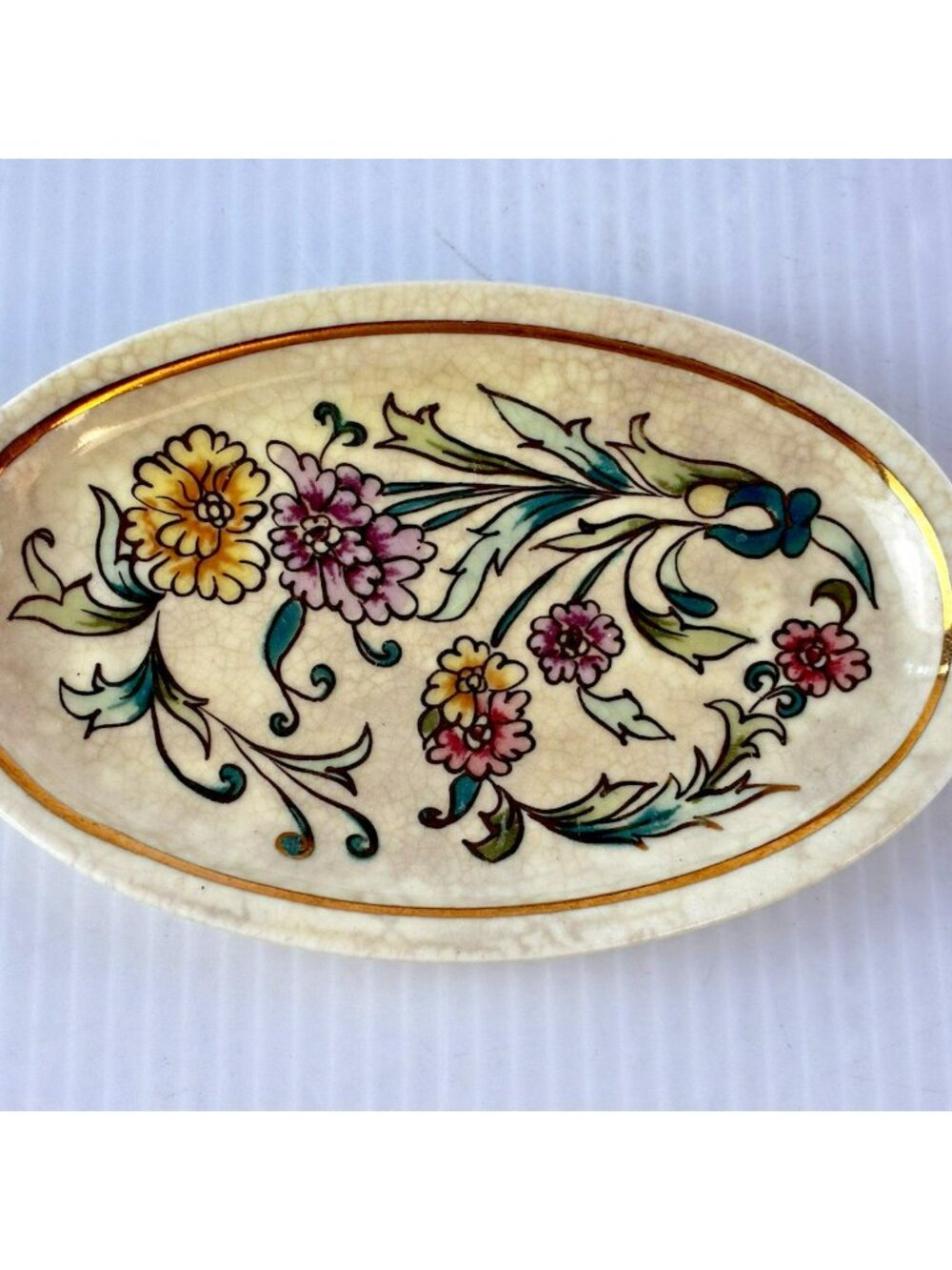 Vintage Zsolnay Hungary Hand Painted Trinket Dish, Round Florals Gold Trim